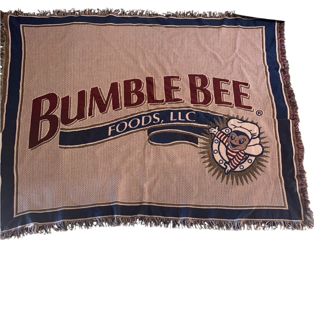 Vintage Bumble Bee Foods Woven Novelty Throw Blanket w/ Fringe Hem Fall